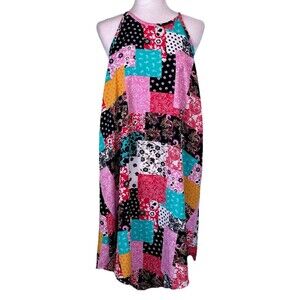 Women Patchwork Bandana Paisley Floral Swing Dress Midi Flowy Tie Front Size XL